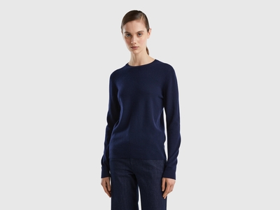 Benetton,  Maglia Girocollo
Blu Scuro In Lana Merino, 
size M,  Blu Scuro,  Donna