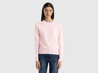 Benetton,  Maglia Girocollo Rosa Chiaro In Lana Merino,  size S,  Rosa Tenue,  Donna