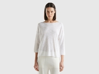 Benetton,  Maglia In Misto Lino Con Manica A 3/4,  size XXS,  Bianco,  Donna
