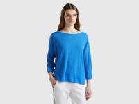 Benetton,  Maglia In Misto Lino Con Manica A 3/4,  size XXS,  Blu,  Donna