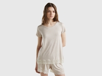 Benetton,  T-shirt Fluida A Manica Corta Con Pizzo,  size S,  Beige,  Donna
