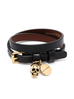 Bracciale a Doppio Giro Uomo In Pelle Nera Con Skull Dorato
