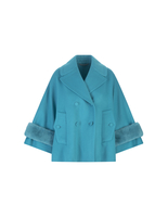 Cappotto Corto In Double Di Lana Turchese Con Pelliccia