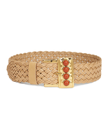 Cintura Donna In Pelle Intrecciata Beige Con Pietre Corallo