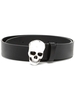 Cintura Uomo In Pelle Nera Con Fibbia Skull Argento