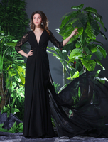 Abbigliamento da sera elegante forato in chiffon nero con collo a V a terra Abiti per Ospiti di Matrimonio Milanoo