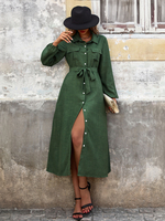 Abiti a camicia Abiti midi in poliestere con maniche lunghe colletto con risvolto verde cacciatore