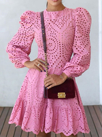 Abiti a pieghe Abito in poliestere rosa con scollo gioiello tagliato a maniche lunghe casual e svasato