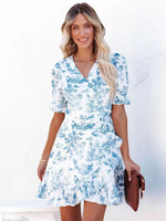 Abiti a pieghe Abito svasato a maniche corte sexy azzurro con lacci in poliestere con scollo a V