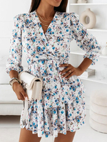 Abiti a pieghe blu per le donne Abito svasato estivo sexy con scollo a V a maniche lunghe con stampa floreale