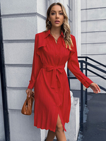 Abiti a pieghe Colletto rovesciato in poliestere Abito svasato a maniche lunghe casual rosso