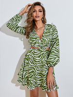 Abiti a pieghe con scollo a V maniche lunghe con lacci Abito svasato sexy senza schienale stampato