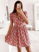 Abiti a pieghe con stampa floreale in poliestere con scollo a V arancione sexy maniche corte abito aderente e svasato