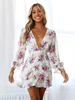 Abiti a pieghe con stampa floreale in poliestere con scollo a V increspature bianche sexy maniche lunghe abito aderente e svasato