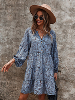 Abiti a trapezio Abito a tunica cachi con scollo a V casual stampato a maniche lunghe