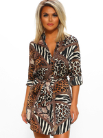 Abiti a trapezio Abito longuette in poliestere a maniche lunghe con colletto alla rovescia con stampa leopardata