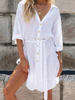 Abiti a trapezio bianchi scollo a V manica lunga con bottoni elasticizzati in poliestere con lacci Abito a tubino affascinante