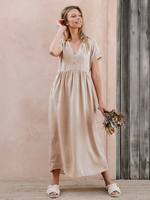 Abiti a trapezio Fantastico abito tubolare per adulti con bottoni con scollo a V in cotone e lino a strati di albicocca