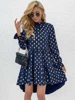 Abiti a trapezio Maniche lunghe Pois Casual A pieghe Colletto alto Design alto Basso Abito a tunica blu scuro