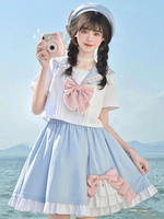 Abiti accademici Lolita Top con gonna a maniche corte con volant azzurro cielo