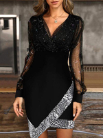 Abiti aderenti Abito a matita sexy a maniche lunghe a pieghe a strati con scollo a V bicolore nero