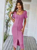 Abiti aderenti Abito a tubino a maniche corte casual con scollo quadrato rosa