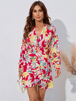 Abiti aderenti Abito a tubino midi a strati con scollo a V casual a maniche lunghe con stampa floreale bianca