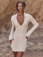 Abiti aderenti Abito a tubino sexy a maniche lunghe casual a pieghe con scollo a V bianco