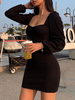 Abiti aderenti Abito a tubino sexy corto a maniche lunghe con scollo quadrato nero