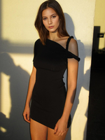 Abiti aderenti neri con scollo asimmetrico elegante abito a tubino asimmetrico con maniche corte