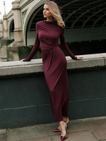 Abiti aderenti plissettati maniche lunghe elegante abito lungo primaverile per le donne 2025