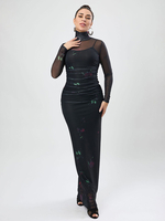 Abiti aderenti Vestito a tubino a maniche lunghe con scollo alto nero stampato e plissettato chic