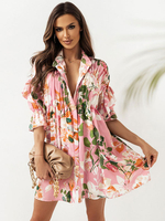 Abiti camicia Abito midi Colletto rosa Bottoni maniche corte Abiti con stampa floreale