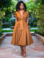 Abiti camicia midi con colletto alto arancione fascia maniche corte abito a strati