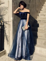 Abiti da ballo Abito con costellazioni Lungo al largo della spalla Velluto Tulle Abito da cerimonia formale maxi blu scuro