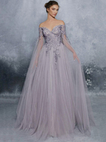 Abiti da ballo color lavanda A-Line Bateau Neck Maniche lunghe Tulle Abiti da cerimonia lunghi fino al pavimento Abiti da cerimonia per gli invitati