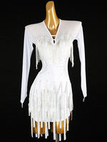 Abiti da ballo latino Abito da donna bianco in lycra spandex Abito da ballo latino con paillettes eleganti senza schienale