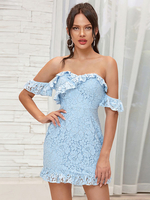 Abiti da donna in pizzo Abiti longuette casual con scollo a barchetta azzurro cielo
