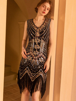 Abiti da festa Abito corto geometrico senza maniche con paillettes oro nero con scollo a V