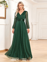Abiti da festa Abito maxi da ballo trasparente con maniche lunghe con scollo a V verde scuro
