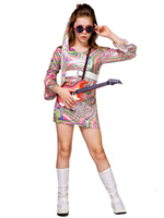 Bambini Costumi retrò Rosa Stampa floreale Abito tunica in poliestere Copricapo Hippies Costume Maria Antonietta Abito da ballo in maschera