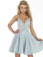 Bambino Blue Homecoming Dress 2022 Bambino Blu A-Line con scollo a V senza maniche Tessuto in satinato Abito da festa in pizzo