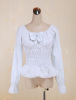 Bianco cotone Lolita camicetta maniche lunghe Shirring arco Piazza collo