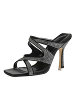 Black Heeled Mules Strass Slip on Stiletto Tacco quadrato Micro Micro Suede Upper Mules