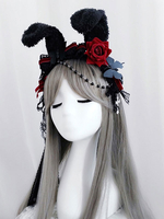 Black Lolita Headdress Poliestere Fibra Catena in fibra di pizzo Archi Brow Bow Rabbit Orecchie Lolita Fascia