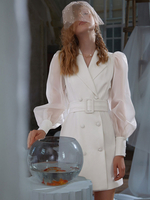 Blazer Dress White Brand Design Doppio petto scollo a V See Through manica a lanterna Slim Fit Primavera Autunno Capispalla per donna