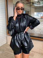 Blazer per donna Per donna Moda tasche con scollo a V Maniche lunghe Cappotto nero con lacci in poliestere elasticizzato