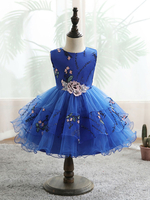 Blu Flower Girl Abiti Gioiello Collo Senza Maniche Tulle Cotone Poliestere Lunghezza Al Ginocchio Fiori Bambini Abiti Da Festa