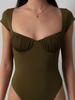 Body a maniche corte Hunter Green Square Neck plissettato Top in poliestere sexy per donna