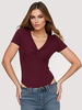 Body a maniche corte Top da donna casual in poliestere con scollo a V pieghettato bordeaux